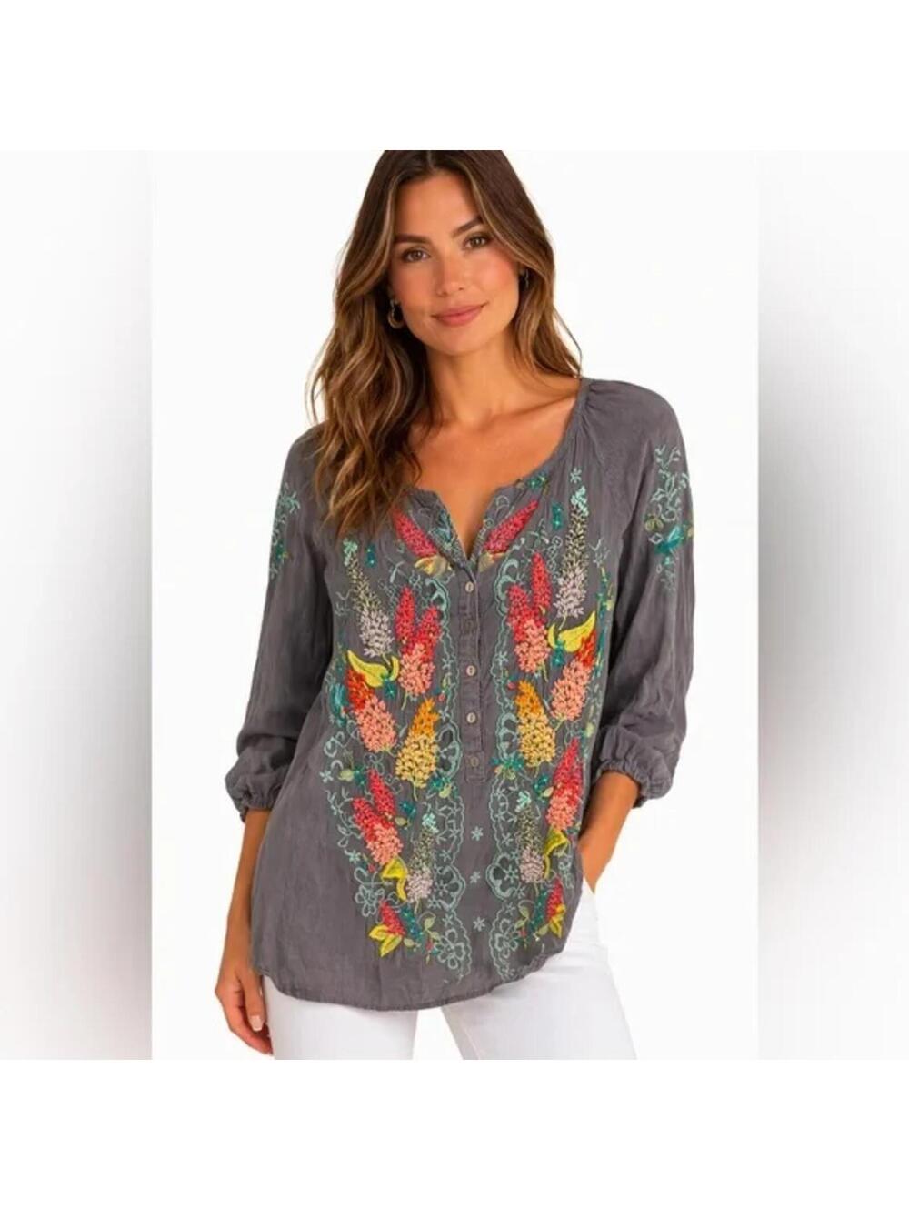 177‎ Johnny Was Leona Embroidered Tunic Top Blouse (XS, Gray, EUC)
